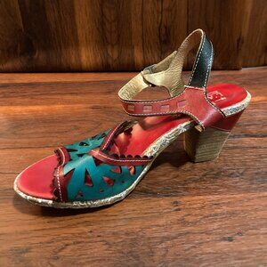 L'Artiste by Spring Step Acela Leather Open Toe Cut Out 3"Sandal Heels Pink 39/8